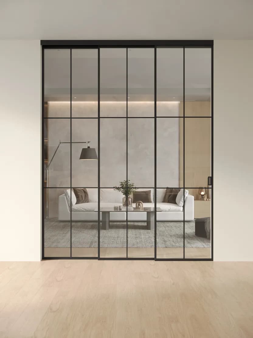 Прозрачное стекло / Перегородка из 3 створок (1 неподв., 2 подв.)